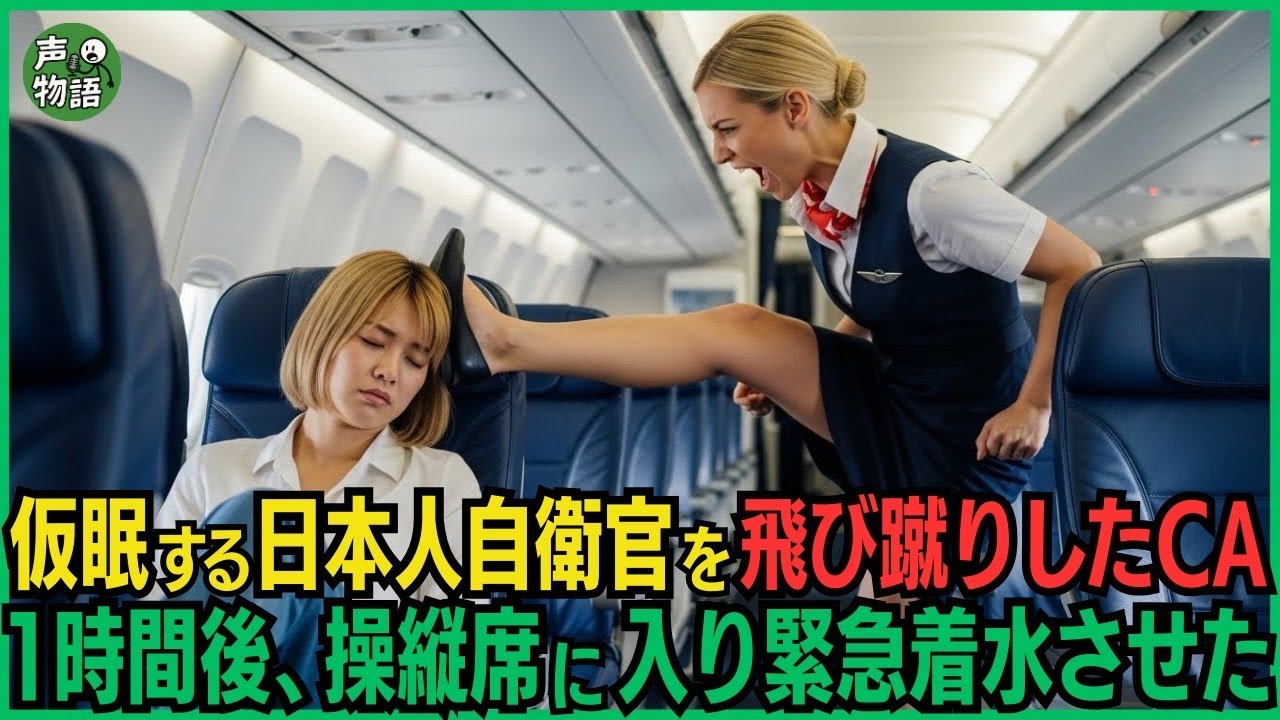 仮眠する日本人金髪女性自衛官を飛び蹴りしたアメリカ人の客室乗務員。1時間後、機内トラブル時に操縦席に入り緊急着水させた