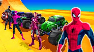 SPIDERMAN CARS Monster Trucks Mega Ramp - SUPERHERO Challenge Spiderman Iron Man Venom Car Racing