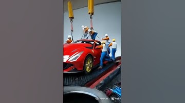 Hyper-realistic macro shot of tiny construction workers assembling a giant Ferrari sports car