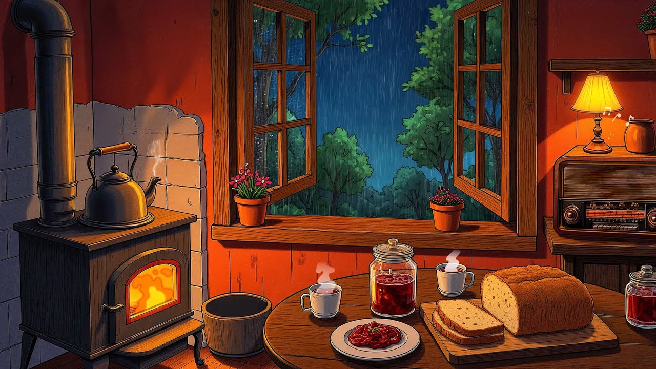 Oldies Playing in Another Room while you're sitting by the Fireplace on Cozy Rainy Night