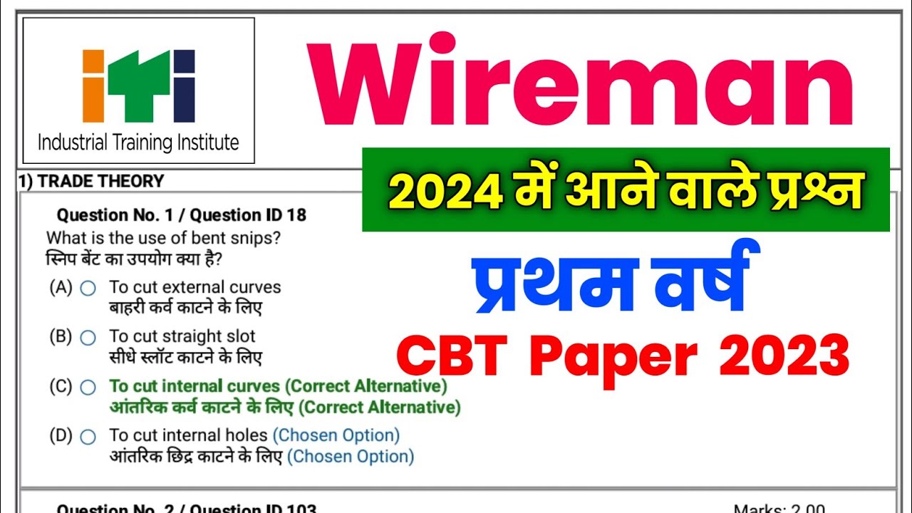 ITI Wireman 1st Year Question Paper 2024 💯 ITI Wireman Trade Theory 1st
