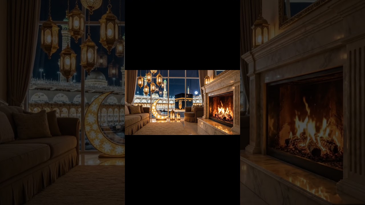 Cozy Ramadan Night 🌙✨ | شومينيه دافئة مع إطلالة مباشرة على الكعبة والحرم (4K) 