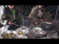 Cooking food of maize flour and curry of organic potatoes in sheep farm of mountain region