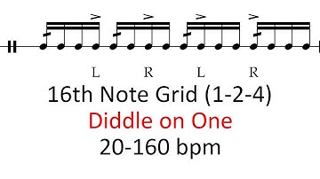 Diddle on one (1-2-4 accents) | 20-160 bpm 16th note grid sheet music