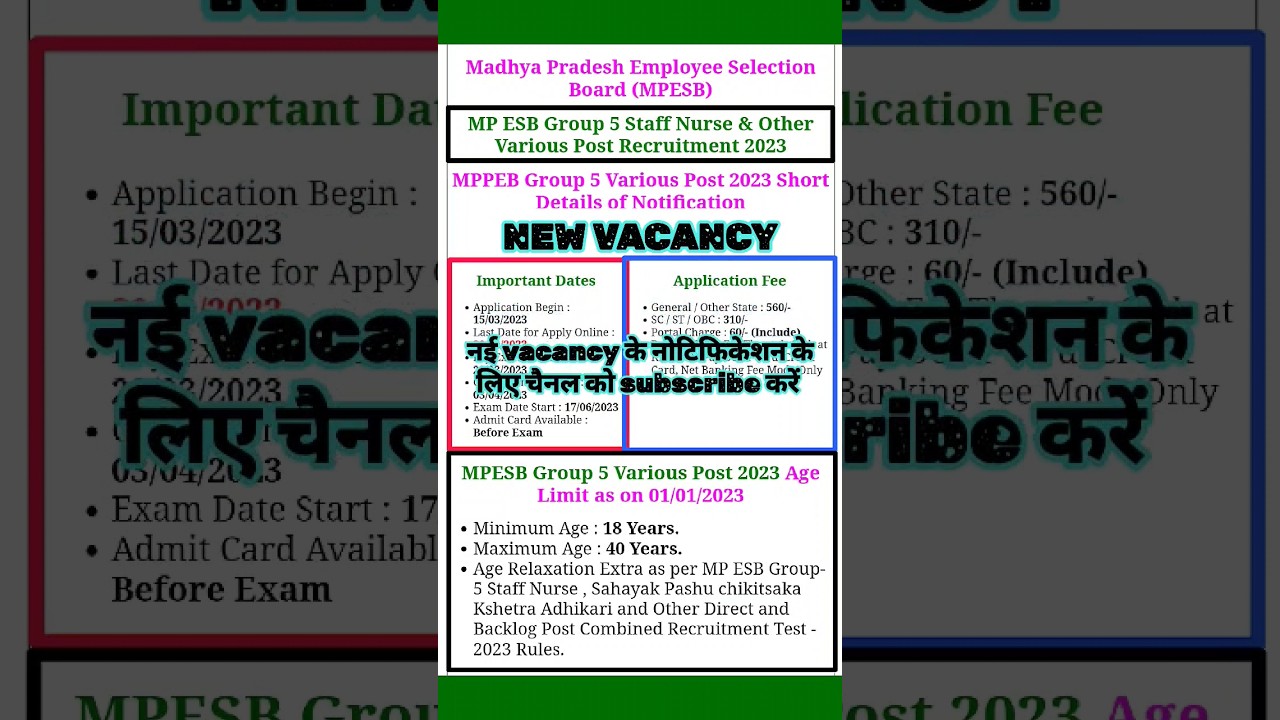 MPESB Group 5 Staff Nurse and Other Post Online Form 2023 