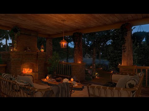 Rainy Night Ambience ? Cozy porch with gentle rain sounds and crackling fire