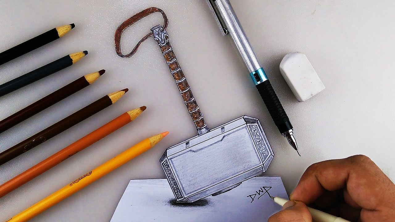 How To Draw Thors Hammer Step By Step Drawing 3D - YouTube