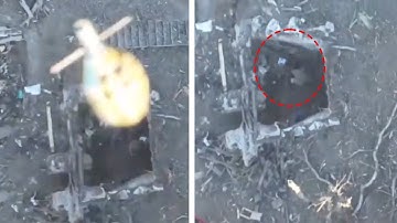 Drone drops an F1 grenade. The Russian thought he would have time to throw the grenade away, but...