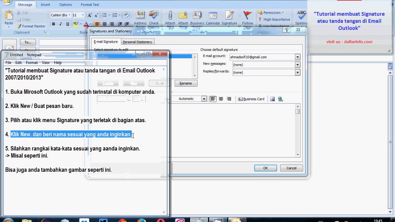 Tutorial Cara Membuat Signature Tanda Tangan Di Email Ms Outlook 2007 2010 2013 Dengan Gambar Youtube