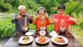 살얼음 동동~! 텃밭에서 먹는 시원한 비빔 물냉면 먹방 (목살 양념구이, 오리고기) Korean Cold Noodles Mukbang / Mul Naengmyeon Recipes