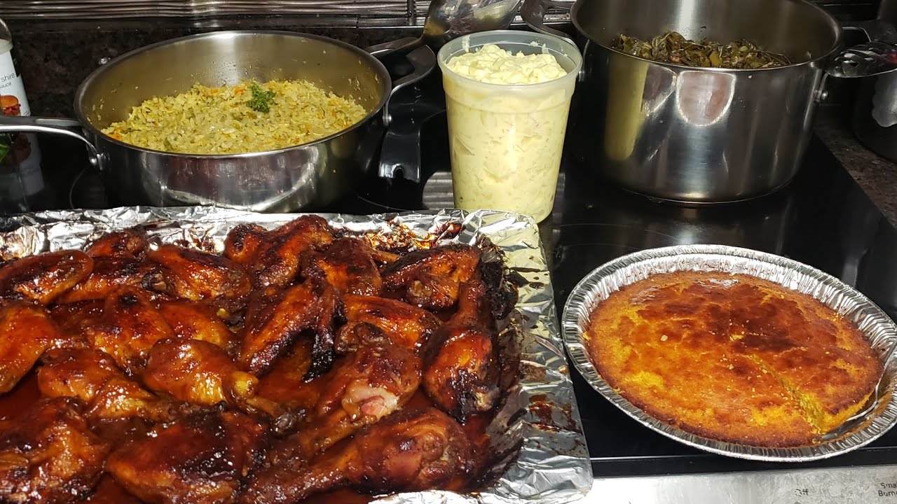 Sunday Dinner:  Chicken, Potato Salad, Collards & Cornbread and Riced Cauliflower Stirfry!