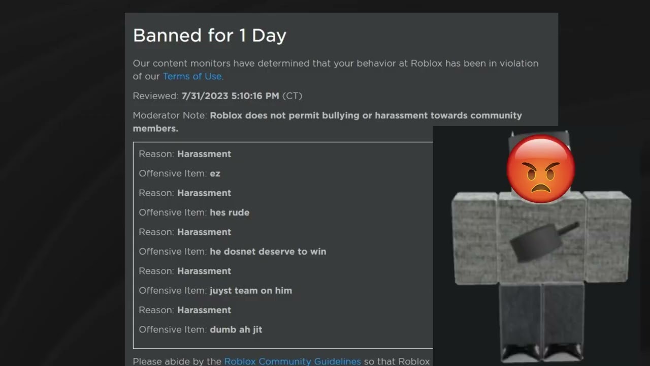 Banned for 1 Day Our content monitors have determined that your behavior at  Roblox has been