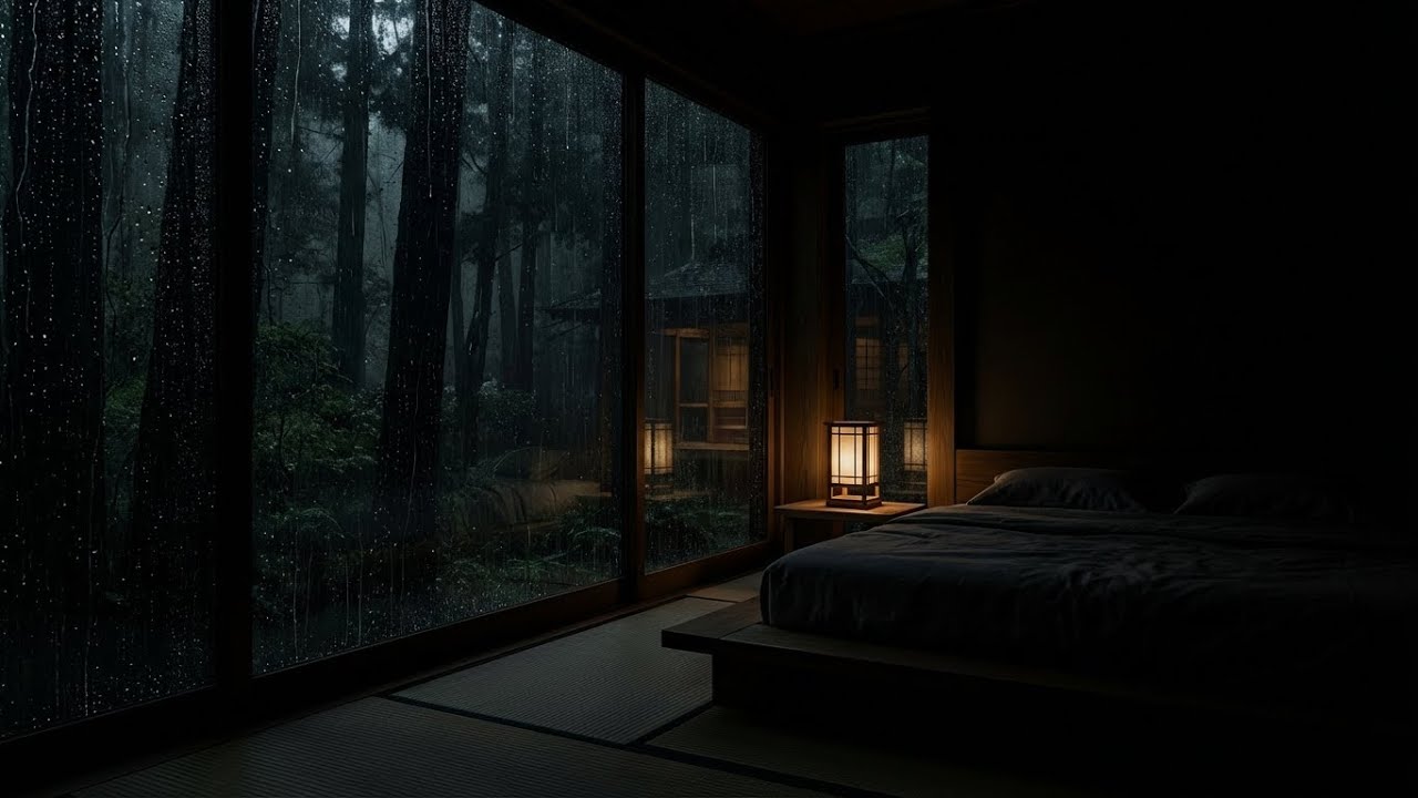 Расслабьтесь глубоко | Звуки дождя для сна | Японский номер с видом на лес 🌧️🕯️