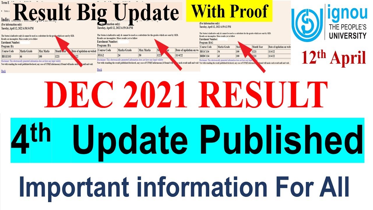 IGNOU DEC 2021 Exam Result Big Update Published | Dec 2021 Result 4th Update | important information