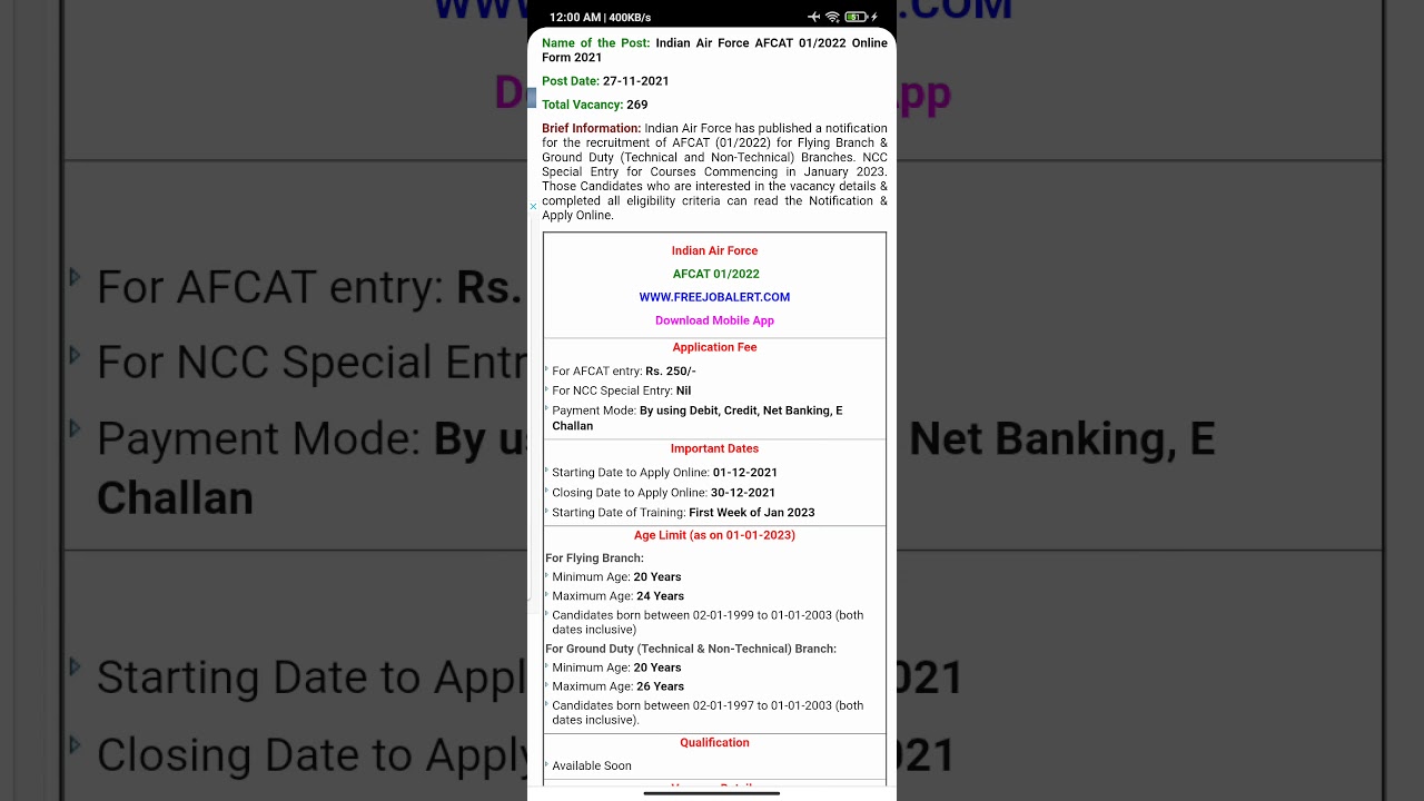 Indian Air Force AFCAT 01/2022 notification