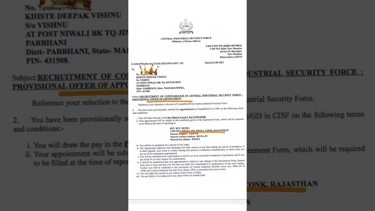 joining letter aa gaya  training center : rtc cisf deoli Rajsthan joining date :15 oct.