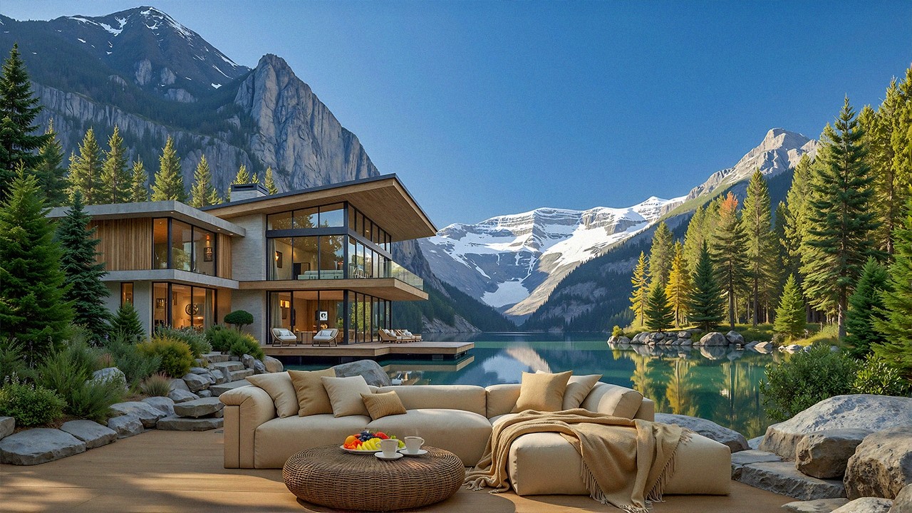 Luxury Lakeside Jazz by the Modern Villa | Gentle Jazz Music with Alpine Nature To Unwind