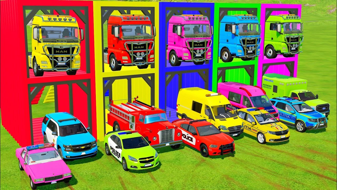 TRANSPORTING ALL POLICE CARS and AMBULANCE EMERGENCY VEHICLES WITH MERCEDES POLICE TRUCKS! FS22