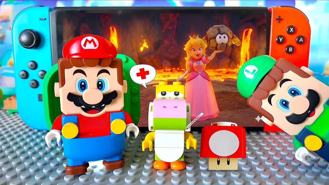 Yoshi está enfermo 🤒 ¡Lego Mario, Peach y Luigi buscan champiñones en Nintendo! #legomario