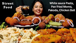 Eating White Sauce Pasta, Pan Fried Momo, Bread Pakoda, Chicken Balls, Vada, Coke Street Food