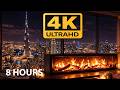 Dubai Night Fireplace Ambience 🔥 Burj Khalifa View | Luxury Fireplace 4K | Relaxing Fire Sounds