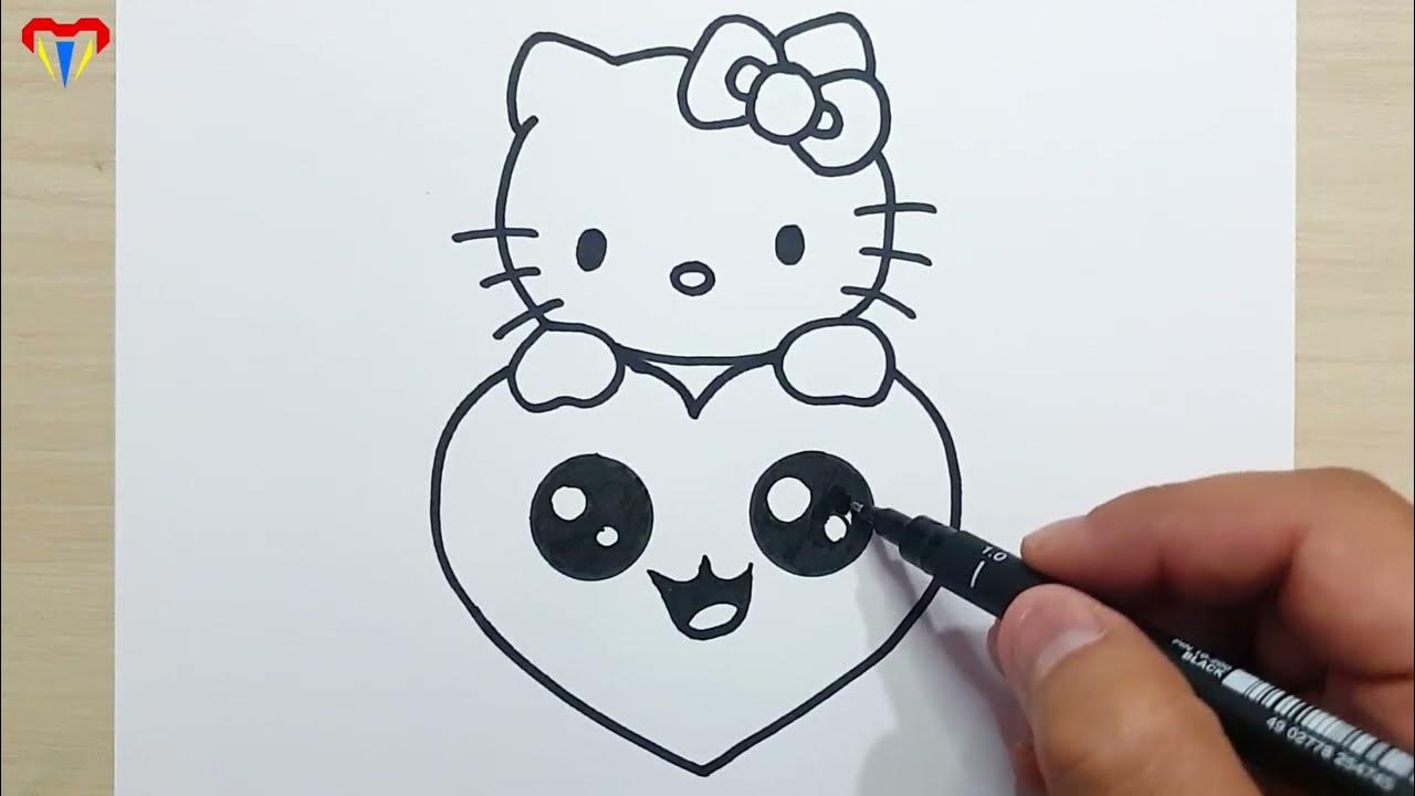 Hello Kitty drawing with love heart, How to draw Hello Kitty step by step