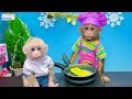 Chef BiBi harvests eggs to make egg rolls for baby monkey Obi