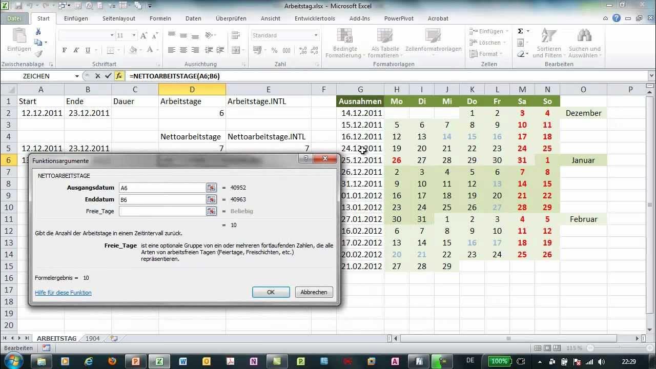 Excel NETTOARBEITSTAGE und NETTOARBEITSTAGE.INTL Arbeitstage berechnen YouTube