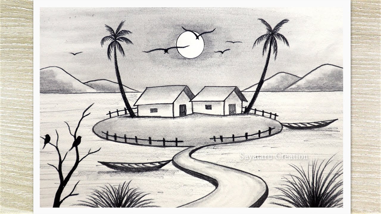 Pencil sketch of the moonlight scenery by Amith Colaco