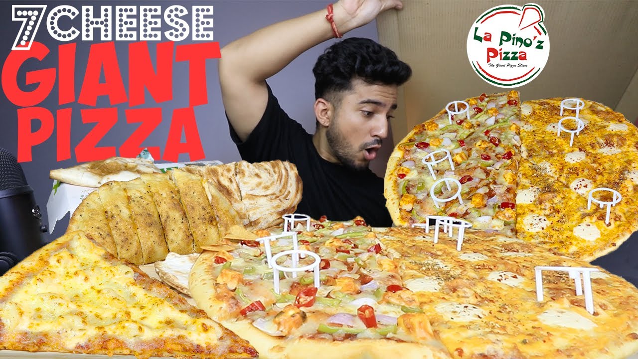 LA PINO'S LARGEST 7 CHEESE MONSTER PIZZA, MY MAC GIANT PIZZA SLICE, STUFFED GARLIC BREAD MUKBANG