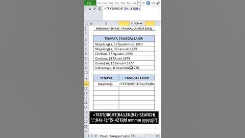Rumus Excel untuk memisah Tempat dan Tanggal Lahir