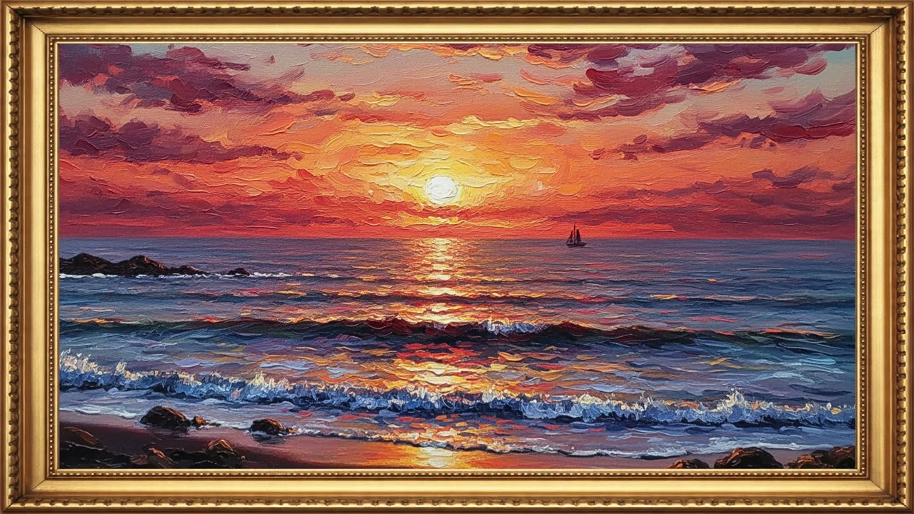 Sunset Over the Sea | Framed Oil Painting Ocean Art 4K (1 Hour Relaxing Background)