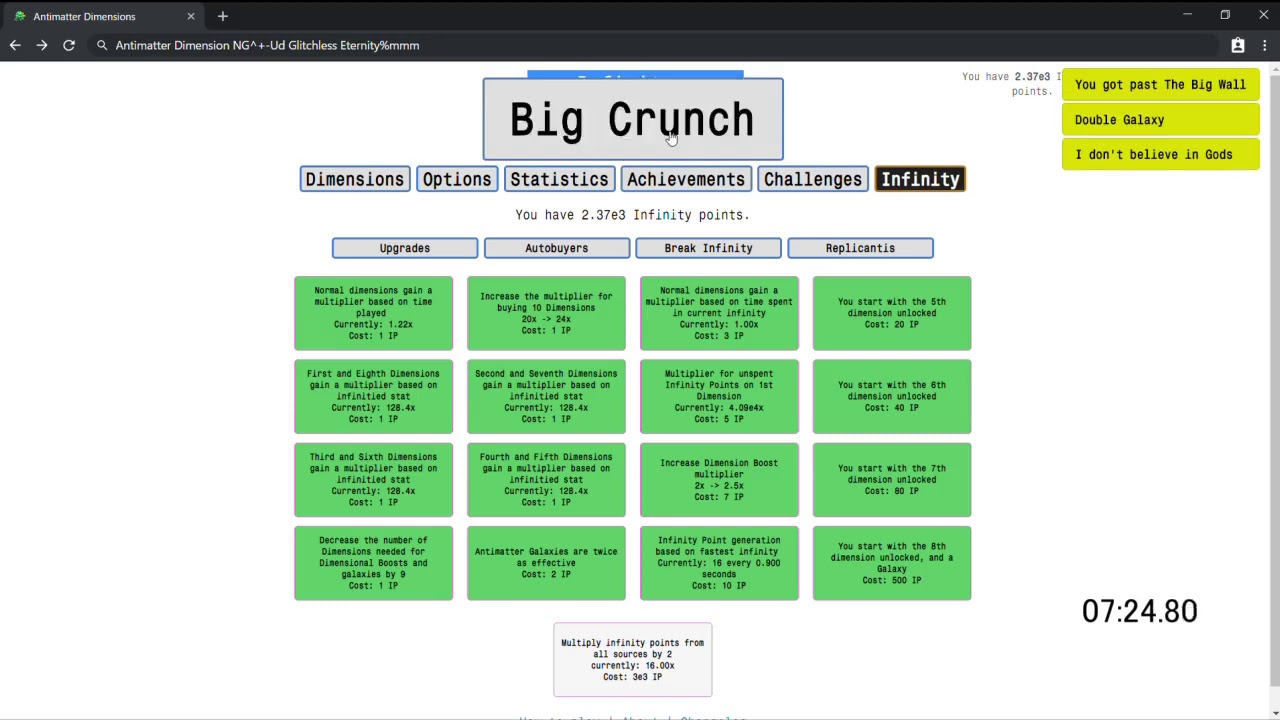 Antimatter Dimensions NG^+- Glitchless Eternity% 