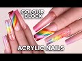 Rainbow Colour Block Acrylic Nail Design | Long Square Nails | Glitter Planet #nails 🌈