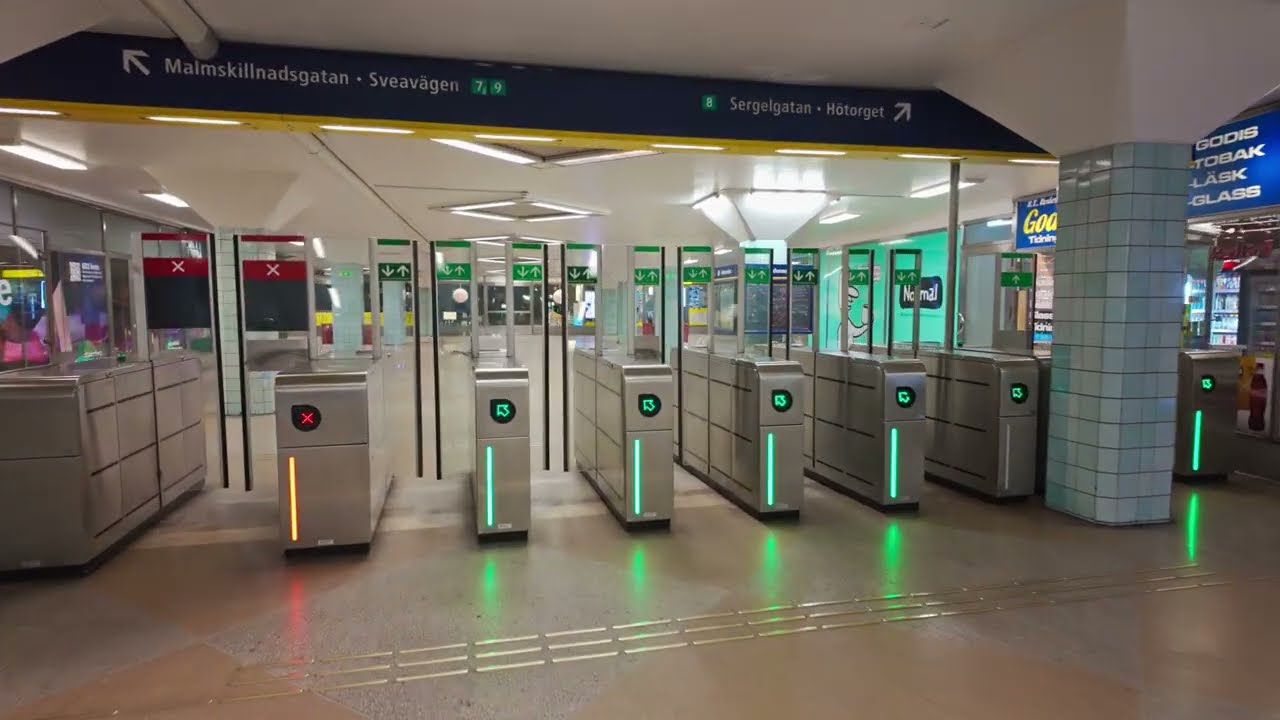 Sweden, Stockholm, Hötorget Subway Station, 5X escalator, 2X elevator @ night