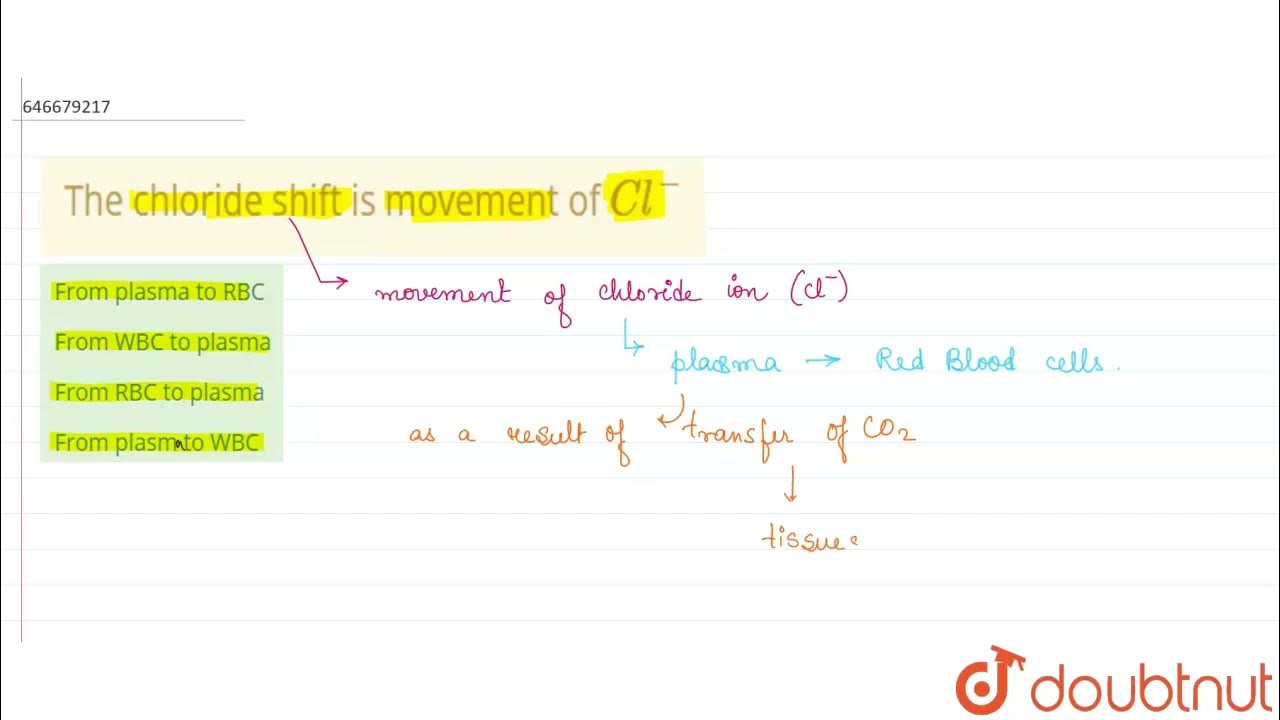 The chloride shift is movement of Cl^() 12 HUMAN PHYSIOLOGY I BIOLOGY ALLEN Doubtnut