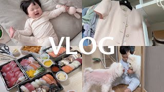 (SUB)일상vlog.다시 돌아온 애개육아|이유식 치트키|돌잔치 원피스 추천|먹방기록(더블랙 짜파게티,샌드위치,청국장,제육볶음,소고기배추된장국,탕수육,스테이크,노티드 소금빵,초밥)