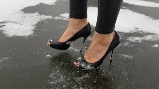 high heels on ice, high heels on snow, sliding heels on ice, shoes in snow, barefoot snow (# 113)