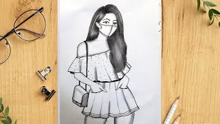 How to draw a cute Girl wearing Mask - Girl with Mask || Pencil sketch for beginner || Girls drawing