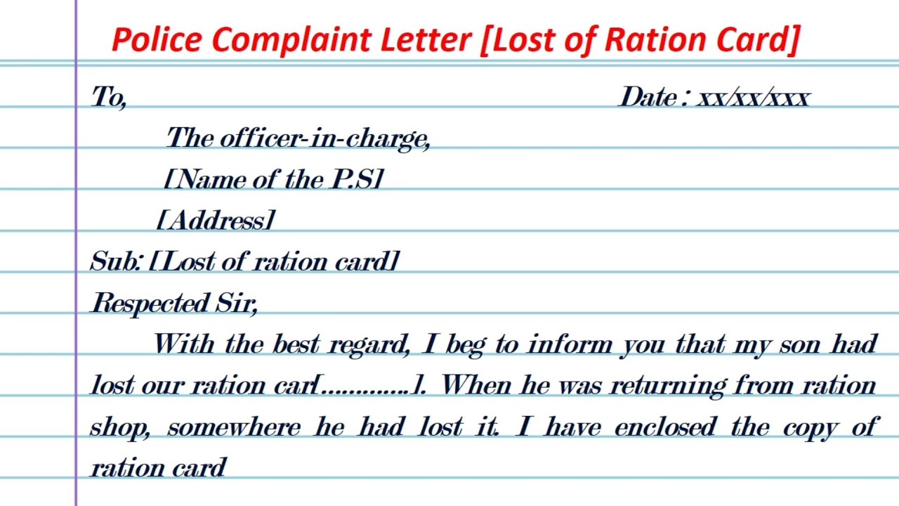 Write a police complaint letter for the lost of ration card - YouTube