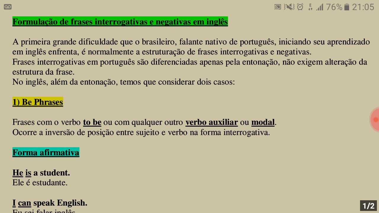 Formulacao De Frases Interrogativas E Negativas No Idioma Ingles