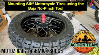 Mounting a stiff MotoZ RallZ motorcycle tire using the Baja NoPinch tool