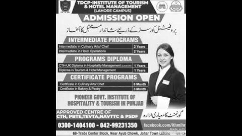 *TDCP Institute of Tourism & Hotel Management, Lahore*Professional Courses Admissions 2023..........