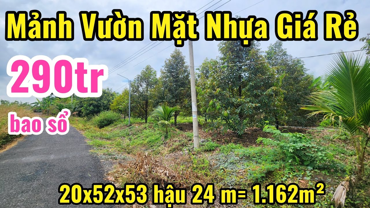 S.54 Mảnh Vườn Nhựa Khu Dân cư đẹp giá rẻ chỉ 290tr có (20x52x53 hậu 24m)=1.162m² bao sổ luôn 