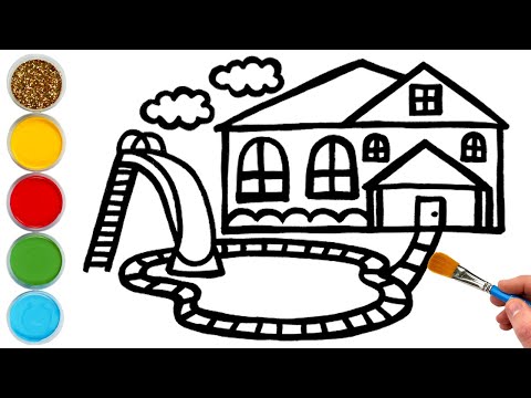 House With Pool Drawing Painting And Coloring For Kids Toddlers How To Draw Paint Easy 