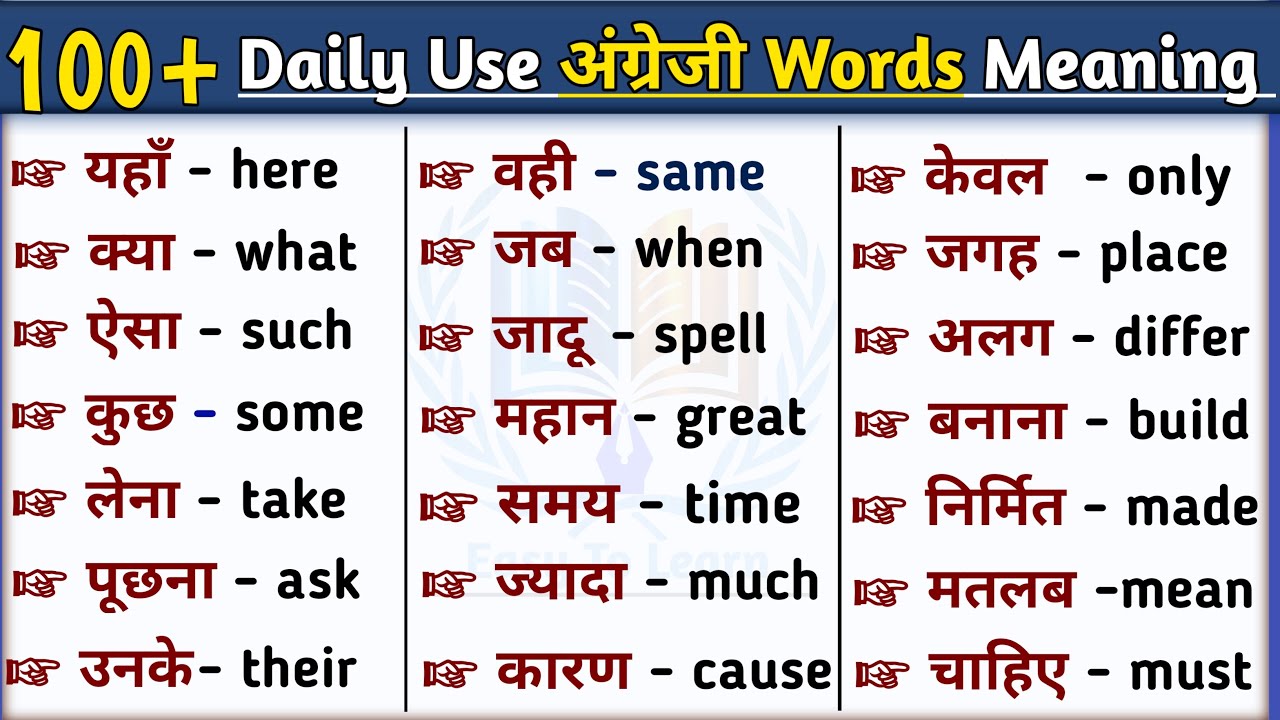 100 Daily Use English Words Meaning | Basic English Words Meaning ...