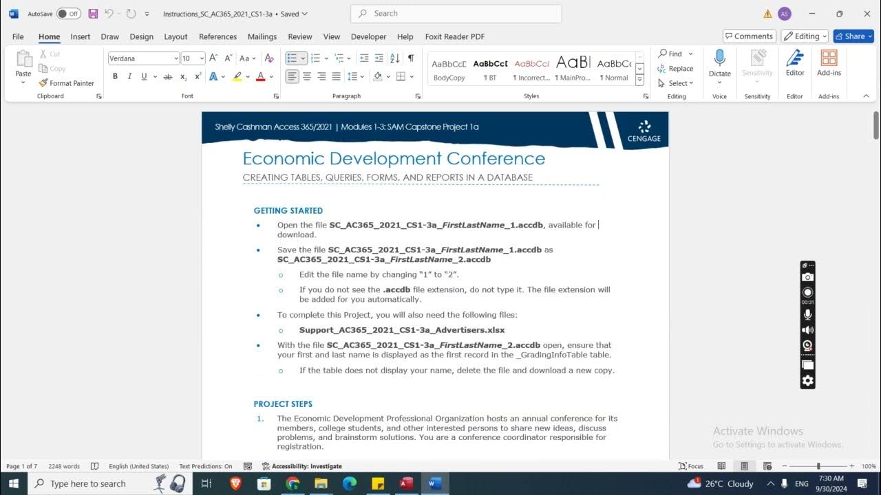 Shelly Cashman Access Modules 13 SAM Capstone Project 1a Economic