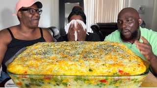 CREAMY CHEESY CHICKEN SHEPHERDS PIE| EATING SHOW| MUKBANG!