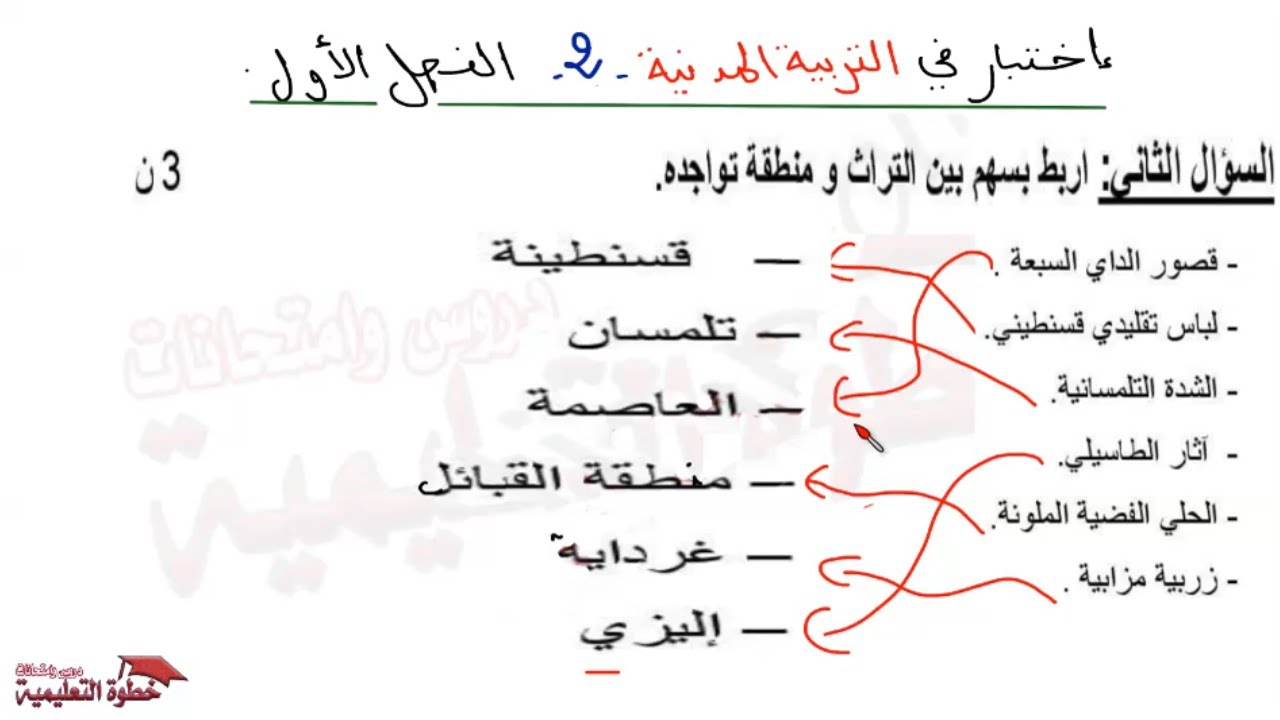 اختبار الفصل الاول في مادة التربية المدنية النموذج 2 للسنة الرابعة ابتدائي