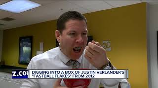 Justin Rose eats Verlander's Fastball Flakes cereal from 2012